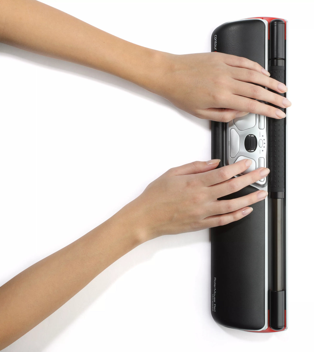 Hands lifting a RollerMouse Red wireless to show its underside