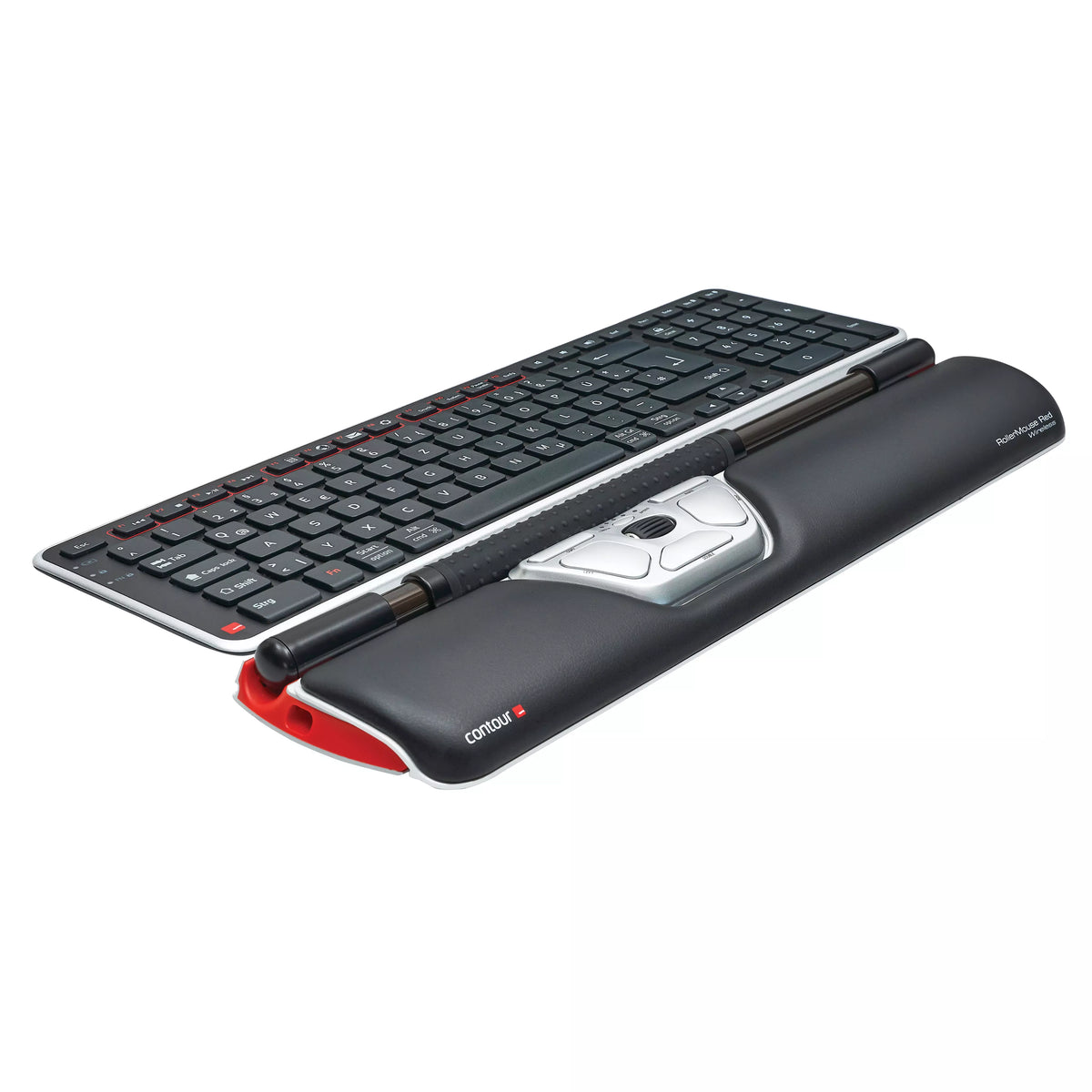 RollerMouse Red wireless viewed at an angle showing the red base trim
