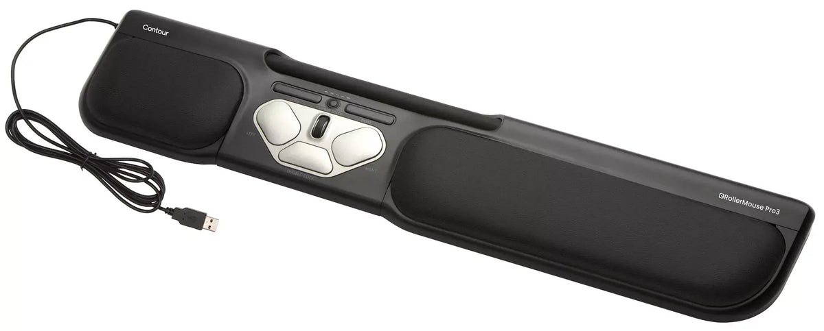 RollerMouse Pro3 wired ergonomic mouse with rollerbar design for easy cursor control and reduced strain, USB connection visible.