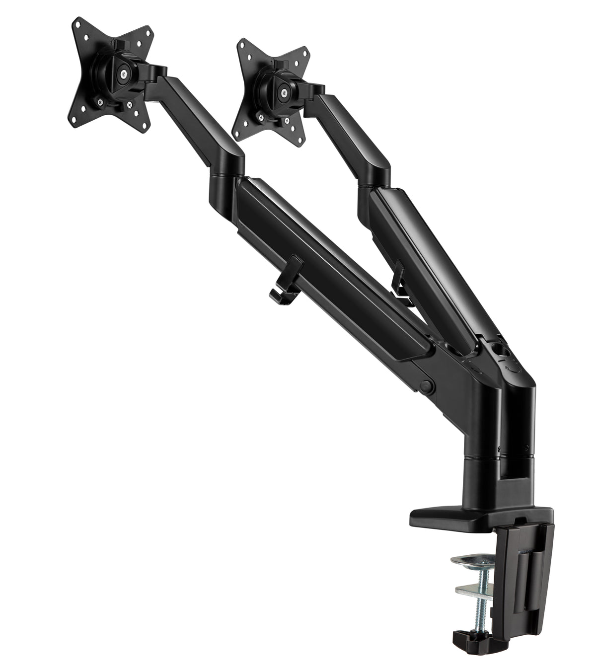 Black monitor arm with gas spring, shown raised at an angle