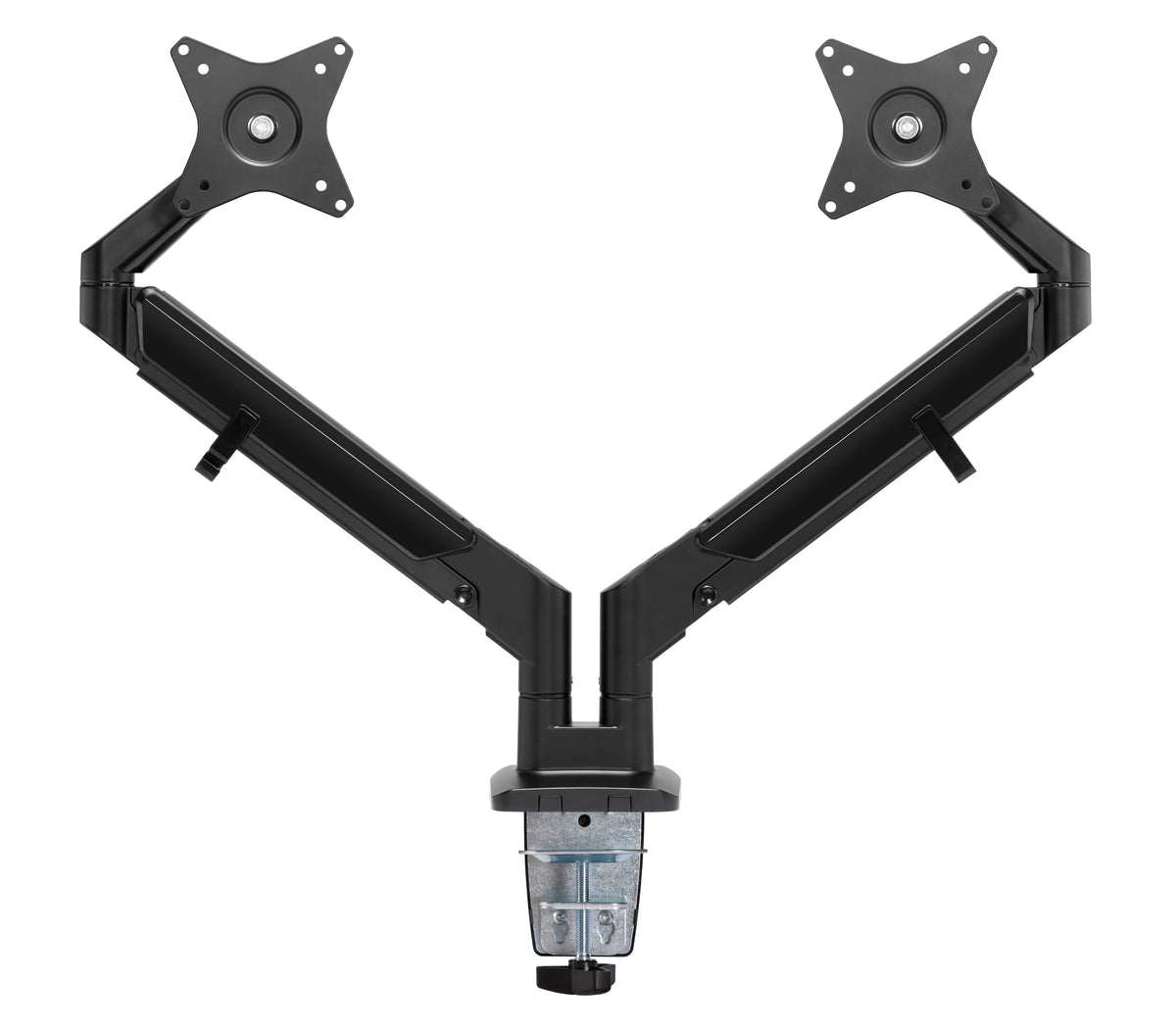 Black dual monitor arm seen from above, showing the twin arms spread apart
