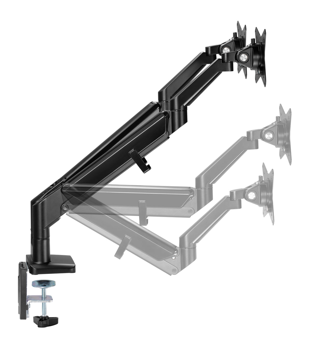 Black dual monitor arm shown extended to display its full reach