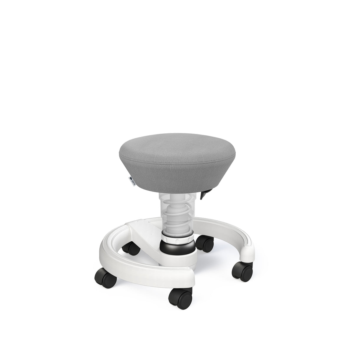 Swoppster children's active chair with grey polyester seat on a white five-star castor base