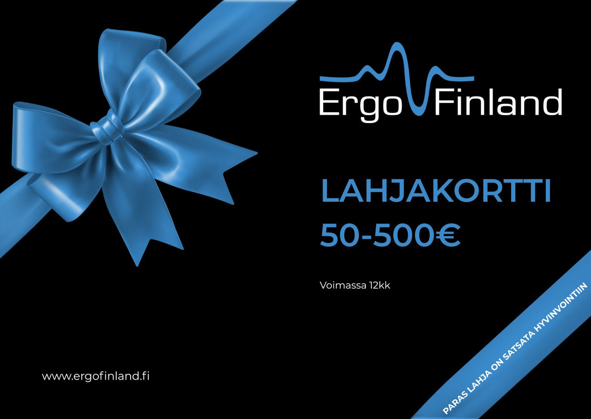 ErgoFinland gift card graphic with a blue ribbon and the value range 50 to 500 euros