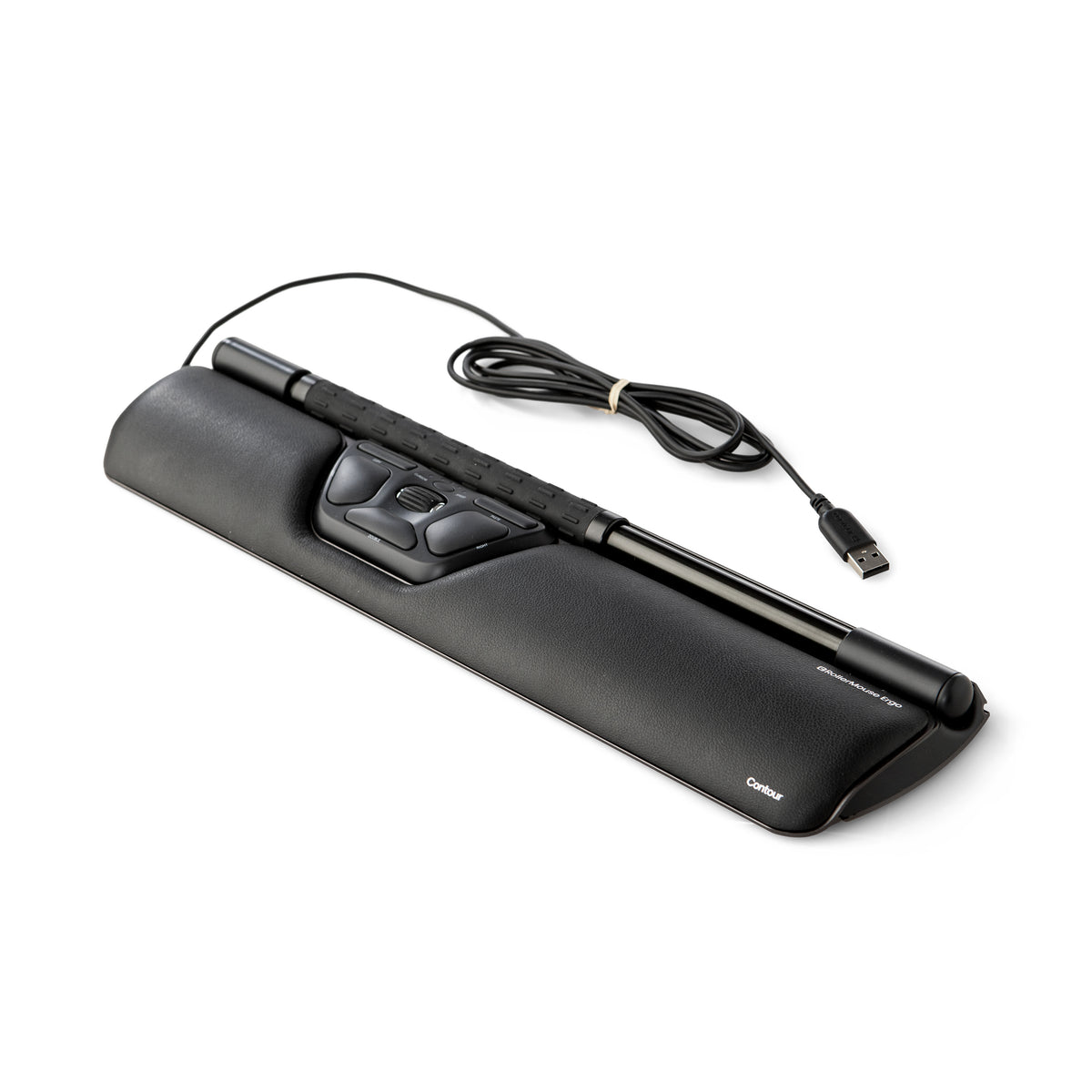 RollerMouse Ergo viewed at an angle showing the rollerbar and control keys
