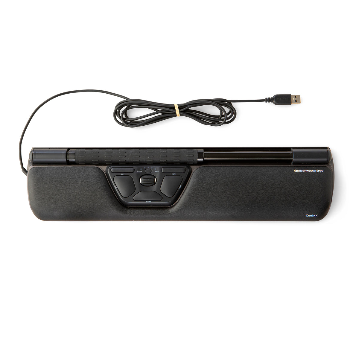 RollerMouse Ergo wired with rollerbar and wrist rest, shown with its cable