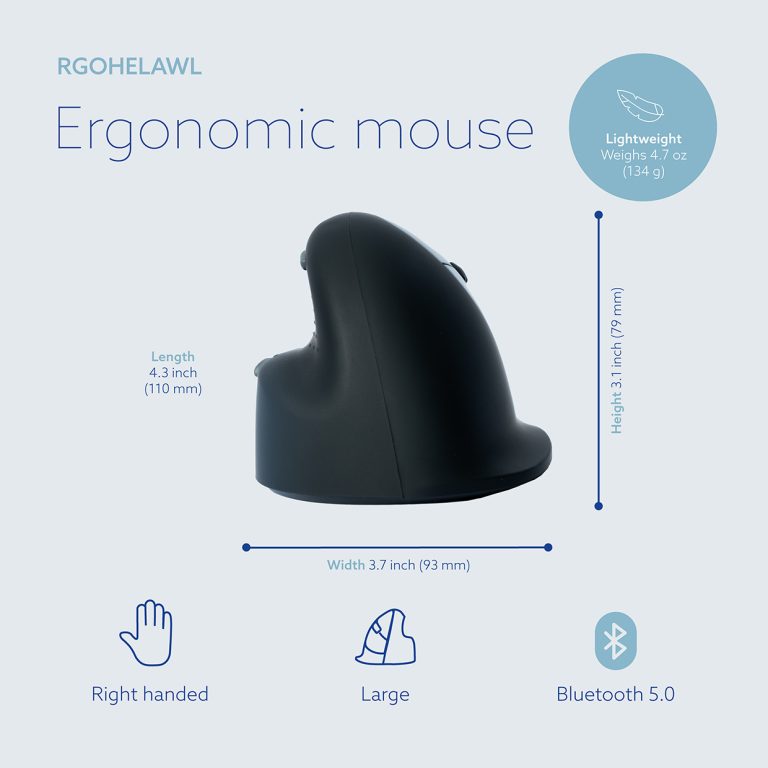 Product graphic showing the HE Break Mouse dimensions and Bluetooth connection