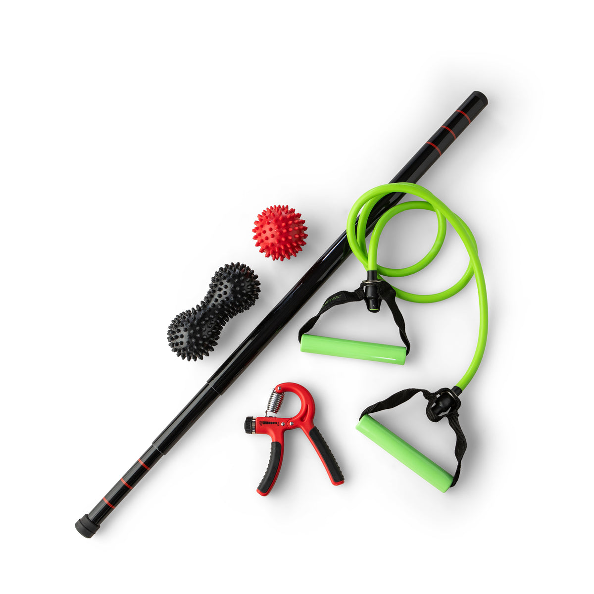 Break exercise package laid out with a bar, resistance bands and massage balls