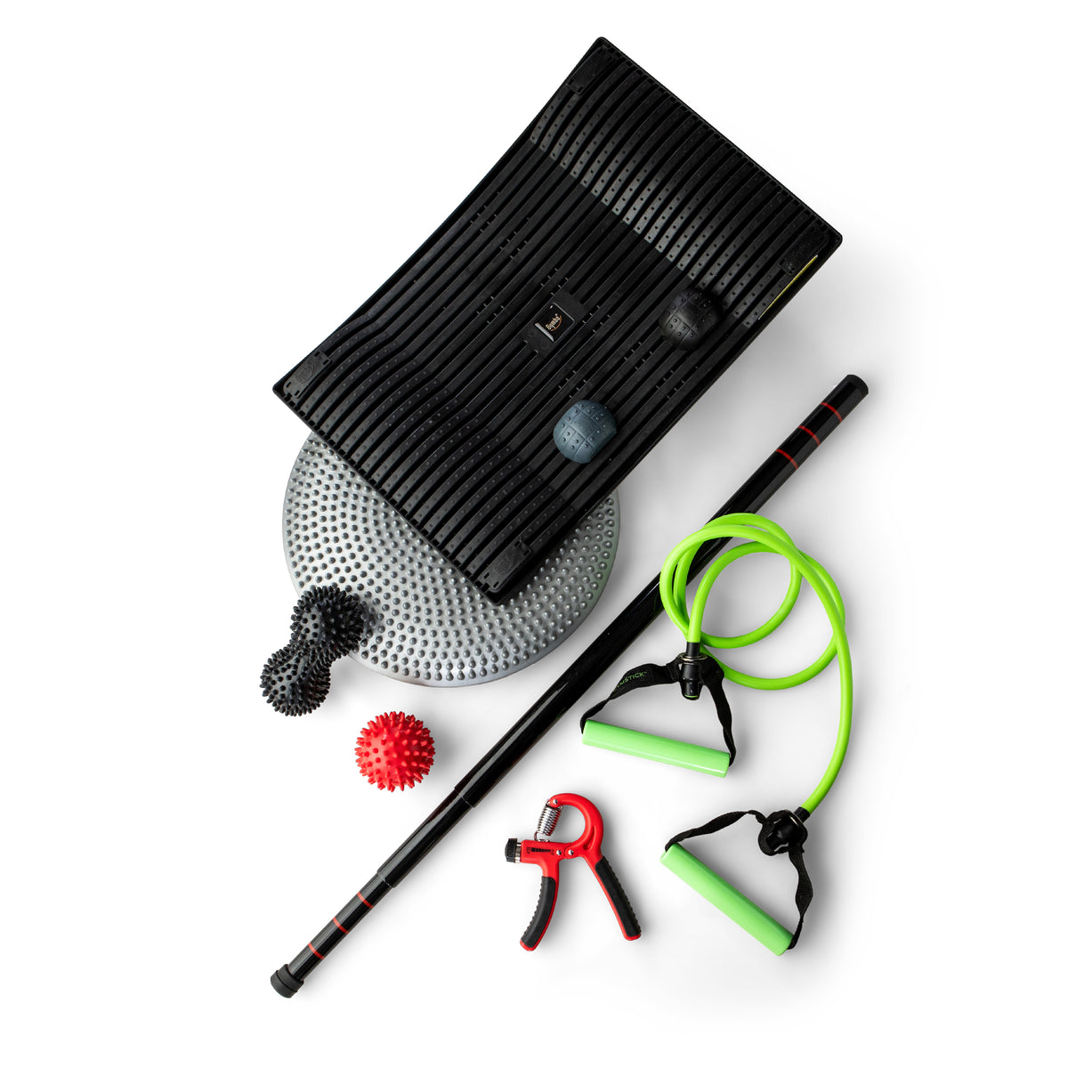 Break exercise package 3 laid out with a massage board, bands and balls
