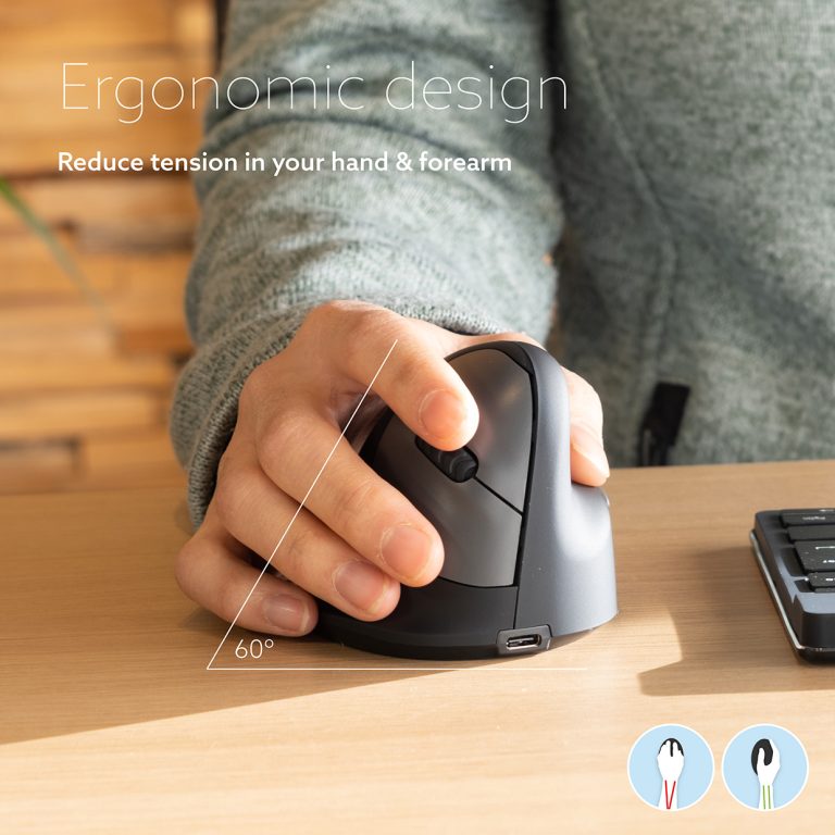 Graphic titled Ergonomic design showing a hand gripping the HE Break Mouse