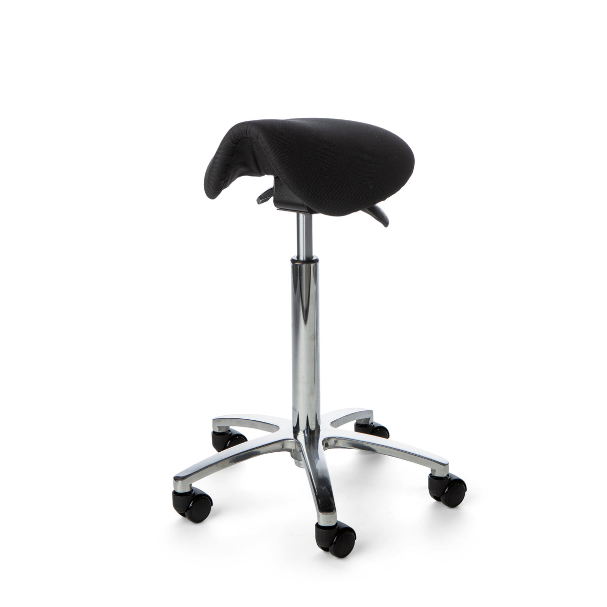 Matilda saddle chair with black Fighter fabric seat on a polished five-star base