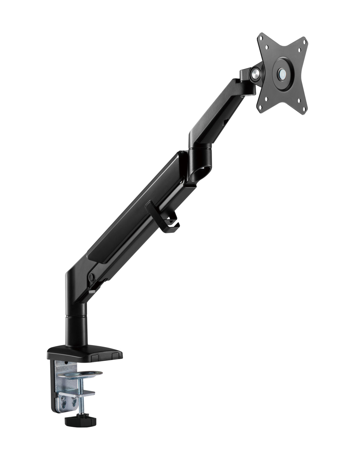 Black LCD monitor arm raised, showing the gas spring joint