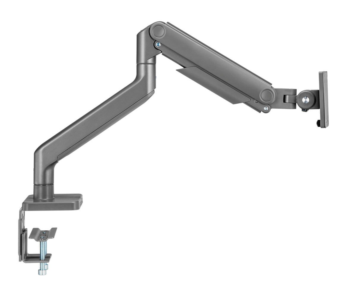 Dark grey heavy duty monitor arm folded back towards the clamp