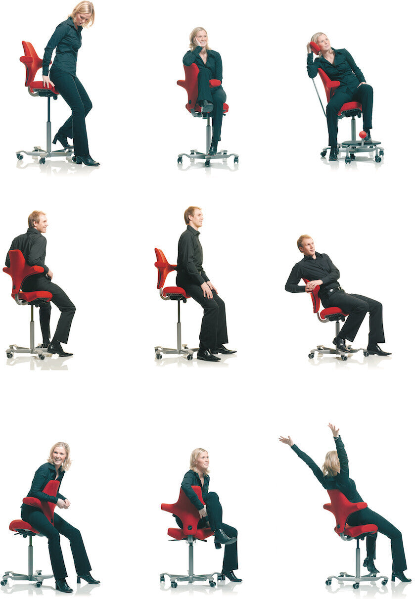 Illustrations showing different sitting positions possible on the Capisco chair