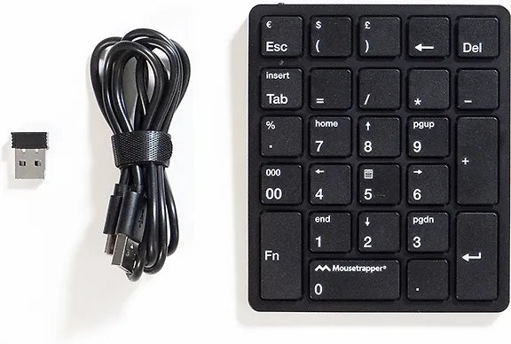 Numeric keypad shown with its USB receiver and coiled connecting cable