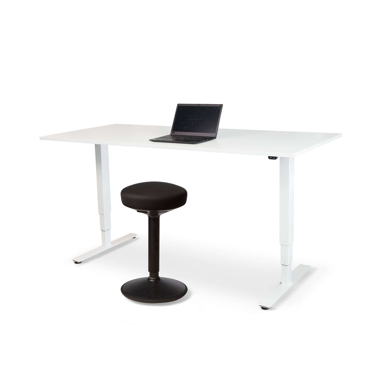 FitSit activity chair in black fabric with adjustable height, paired with a modern desk for active work posture and mobility.