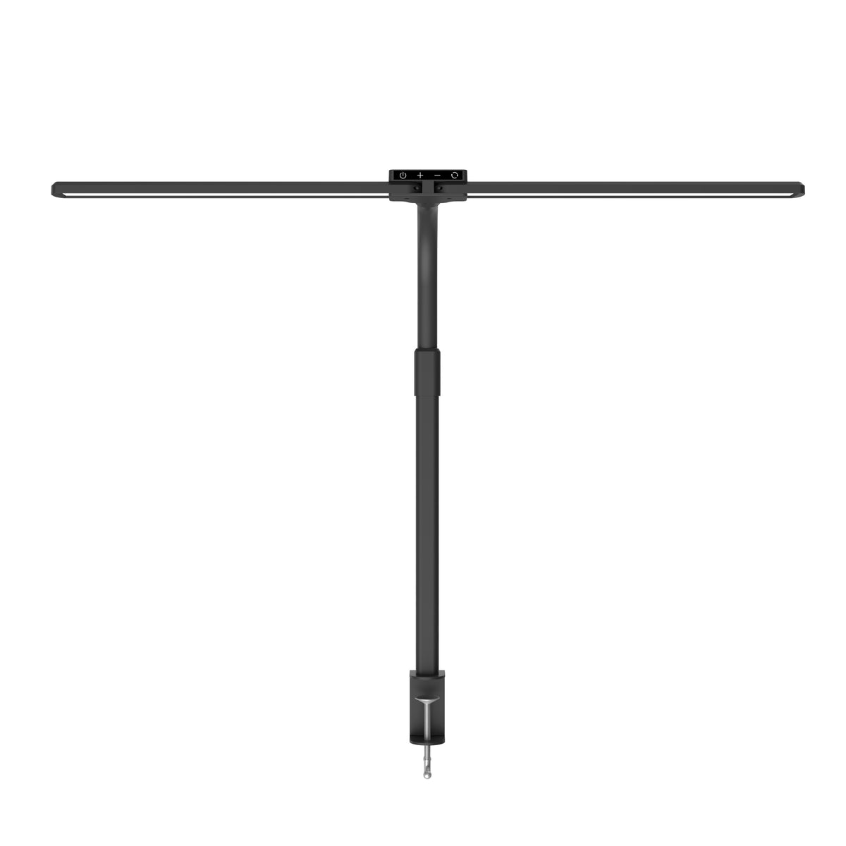 DUO LED desk lamp in black seen from the front, showing the horizontal light bar