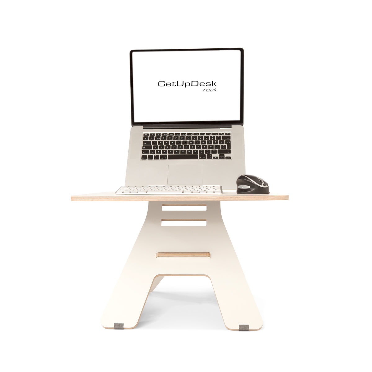 GetUpDesk Light wooden laptop stand with a laptop and mouse, seen from the front