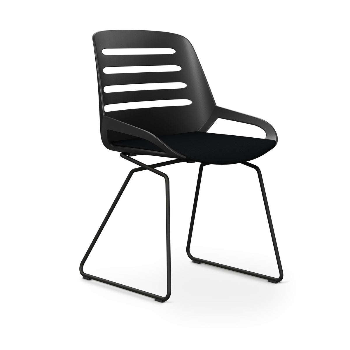 Numo Comfort chair with black Cura fabric seat on a black skid base