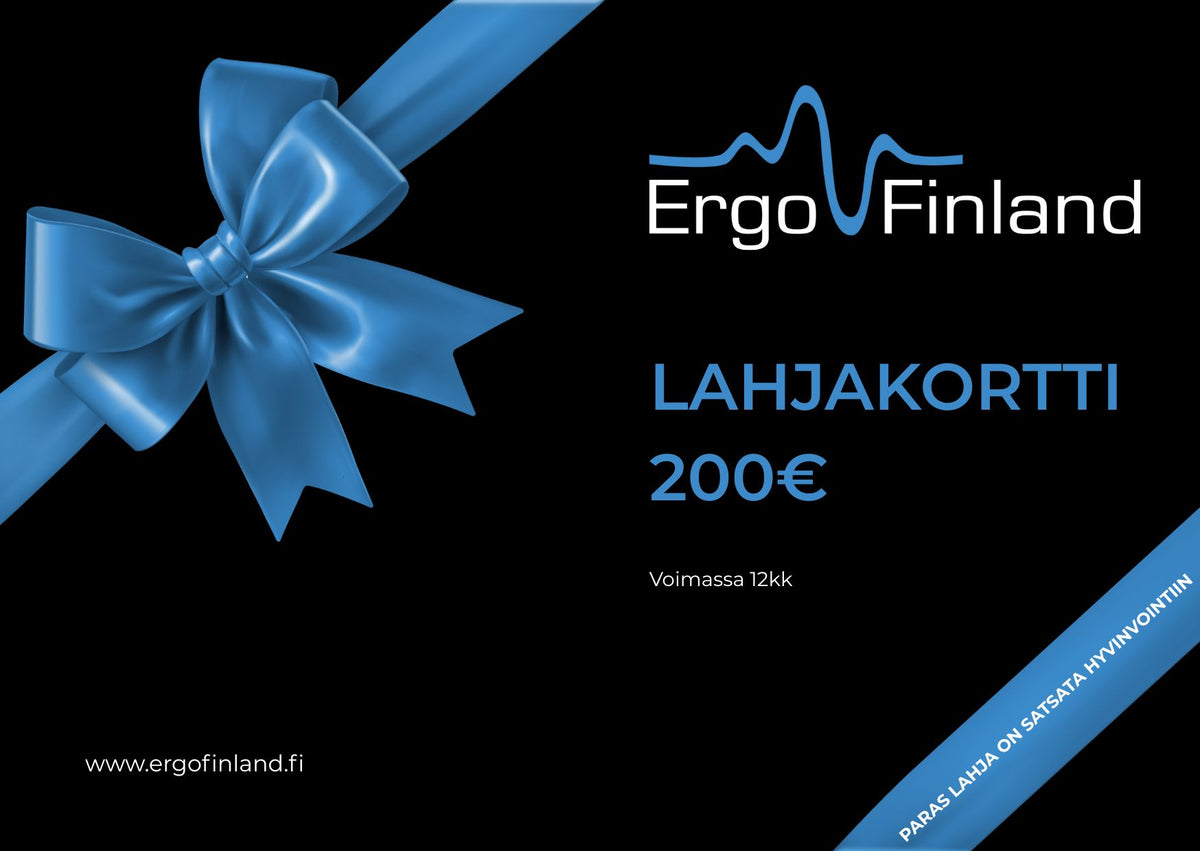 ErgoFinland gift card graphic with a blue ribbon and the value 200 euros