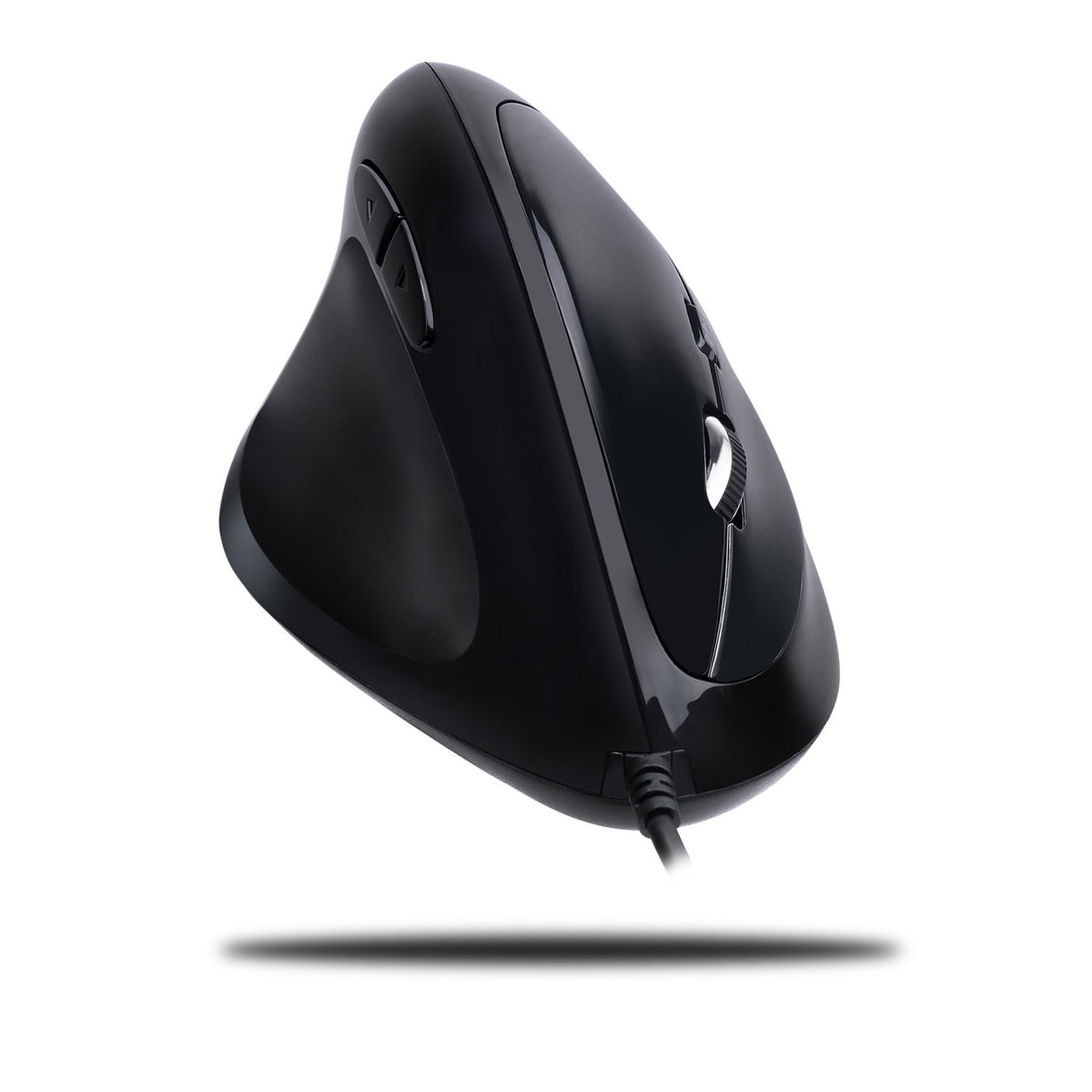 iMouse E7 programmable left-handed vertical mouse in black, viewed from the side