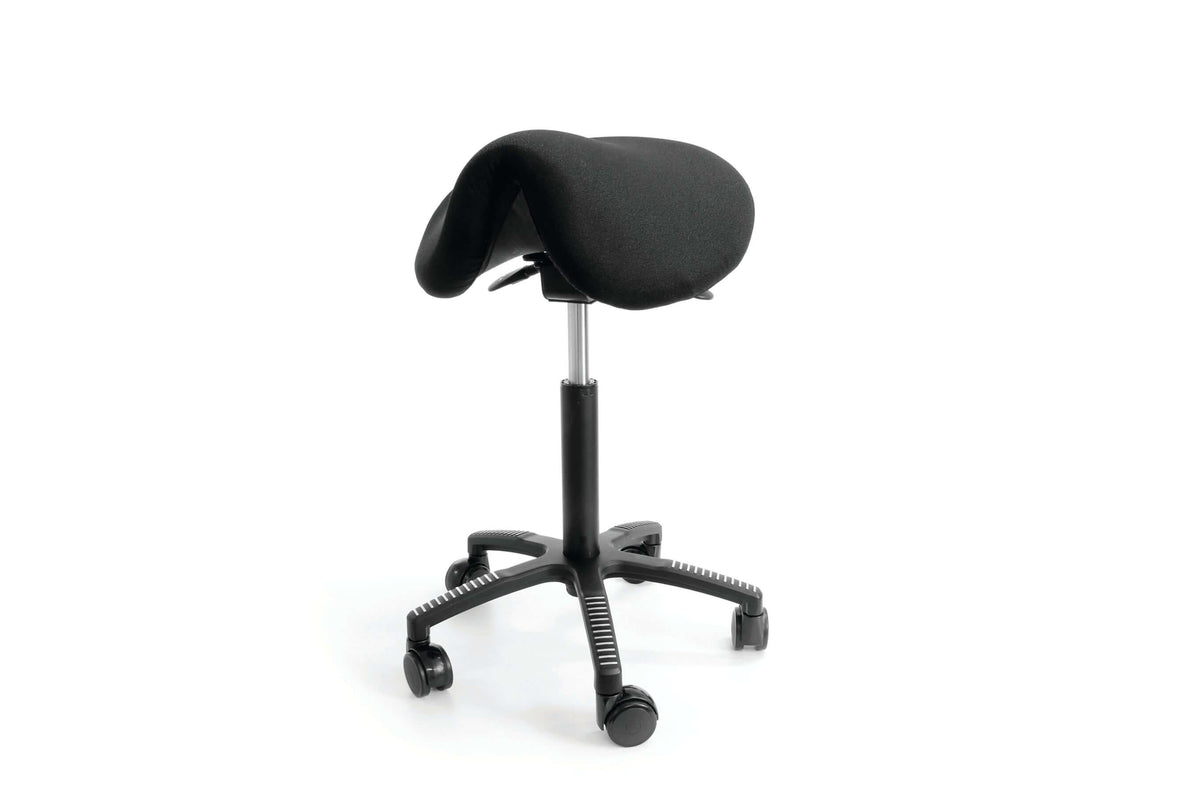 Black soft saddle chair with adjustable seat, featuring thermofoam cushion and durable upholstery for comfort and support.