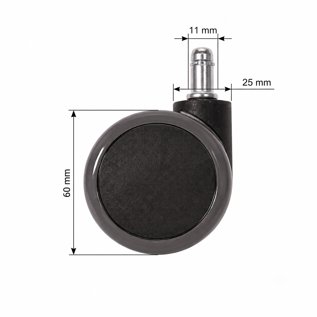 Single black office chair caster with 60 mm wheel and 11 mm stem, with dimensions marked