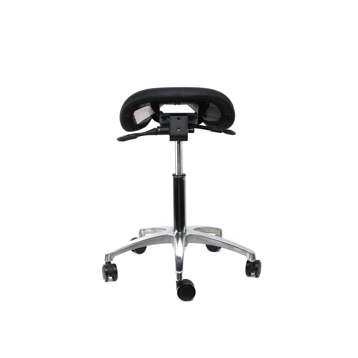 Sofia saddle chair in genuine black leather viewed from the front, showing the seat contour