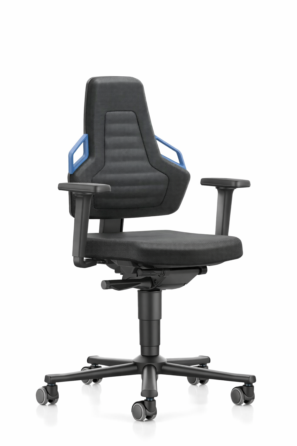 Nexxit work chair in blue and black Supertec upholstery with 4D armrests and five-star base