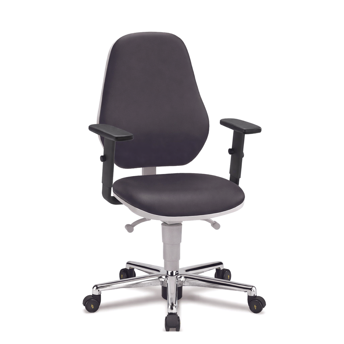 Cleanroom Basic chair in black artificial leather with 4D armrests and polished base