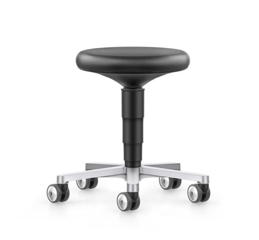 Cleanroom work stool with round black artificial leather seat on a polished five-star castor base