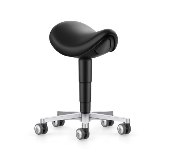 Cleanroom saddle stool viewed from the side, showing the contoured saddle seat and gas lift