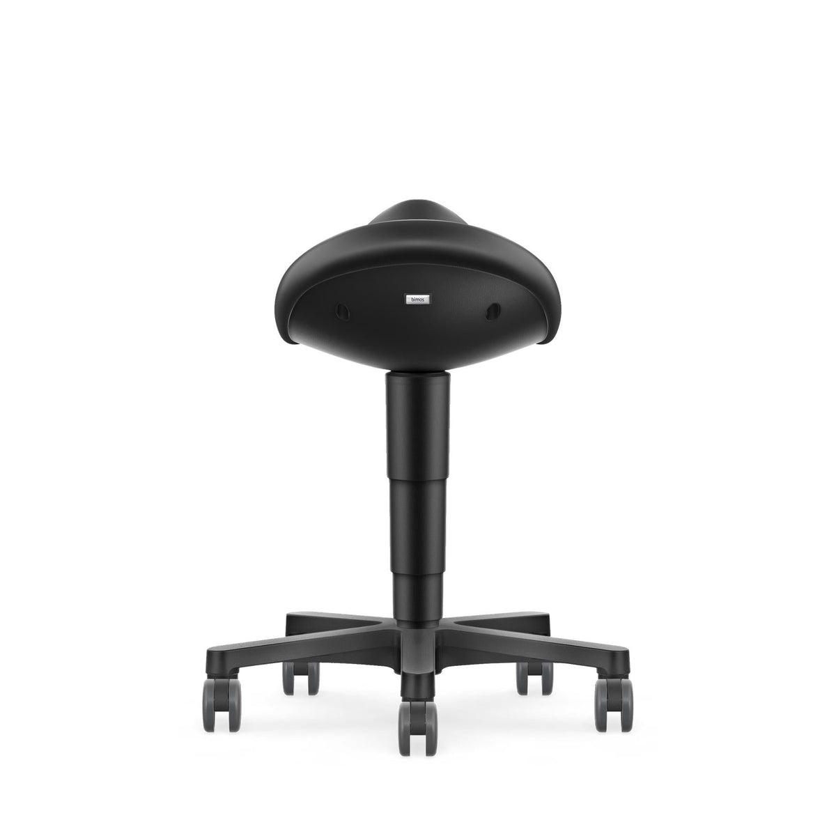 Black saddle stool seen from the rear, showing the gas lift and base