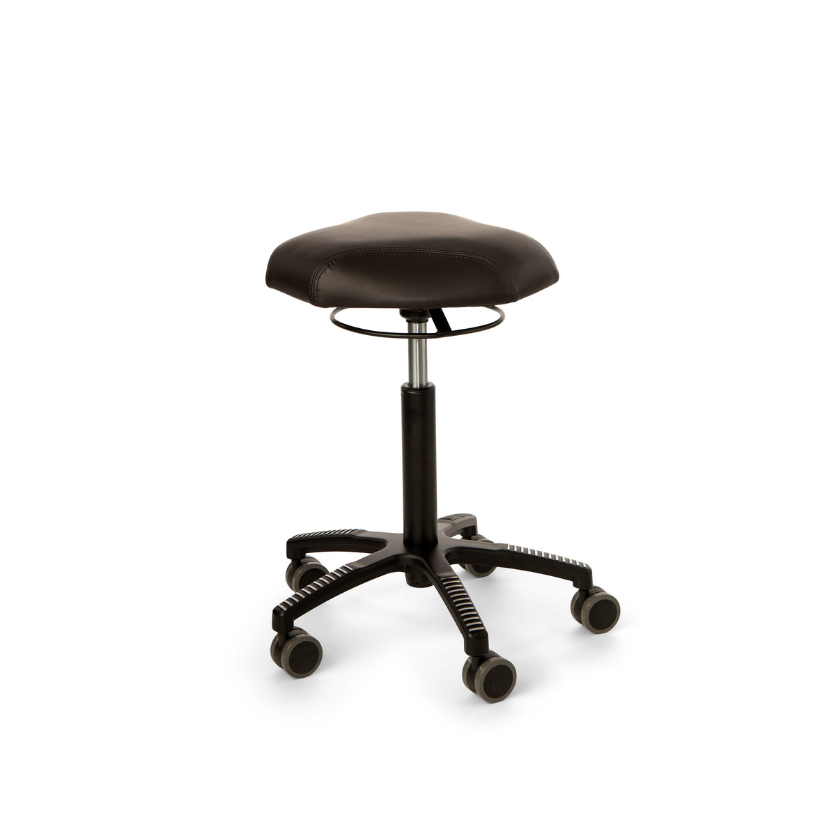 ErgoTrio stool with round black seat, foot ring and five-star castor base