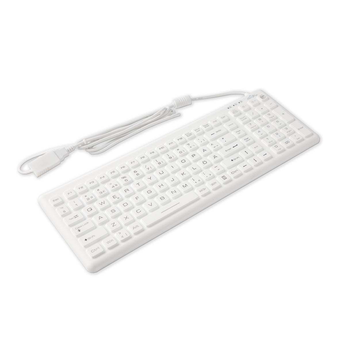 Wired medical keyboard in white with a wipe-clean surface, seen from above