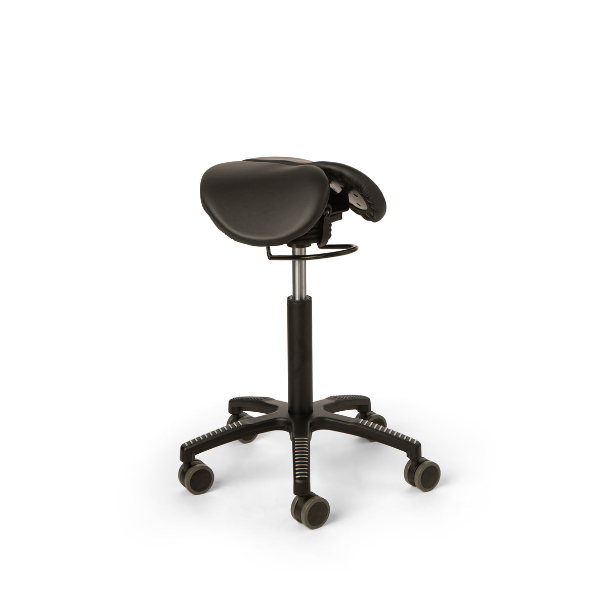 Core Split Swing saddle chair with split black artificial leather seat on a five-star castor base