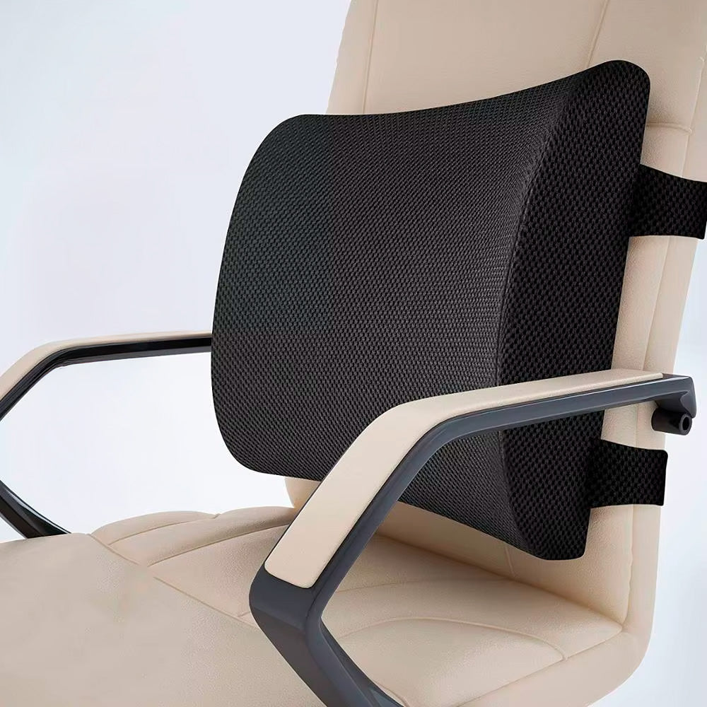 Deluxe back support cushion fitted to the backrest of an office chair