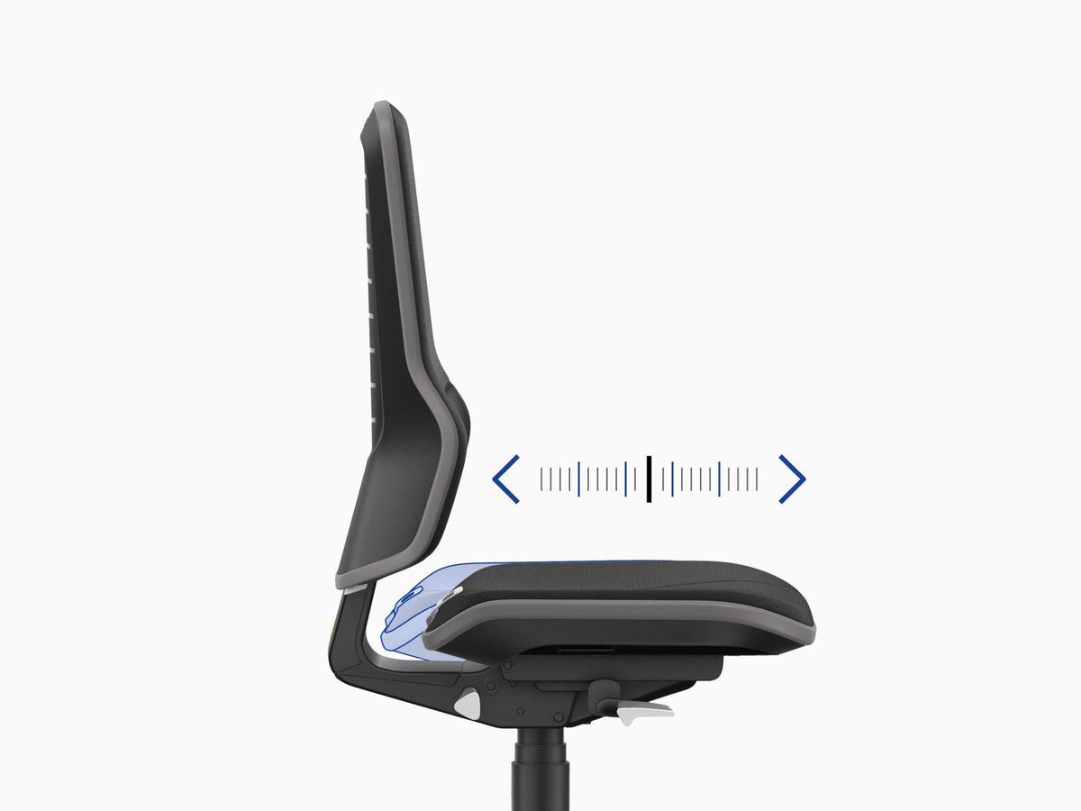 Neon 2 ESD work chair viewed from the side with arrows showing the seat depth adjustment