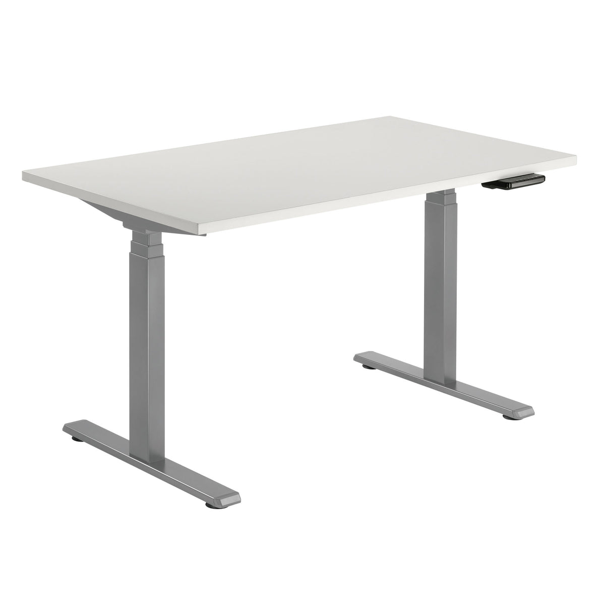 White height-adjustable desk with a grey frame, shown from the front
