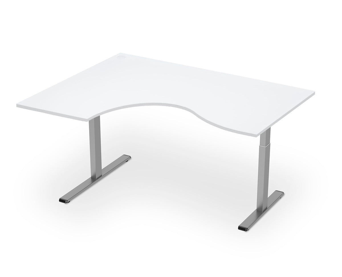 White L-shaped desk top mounted on a silver metal frame, viewed from the front