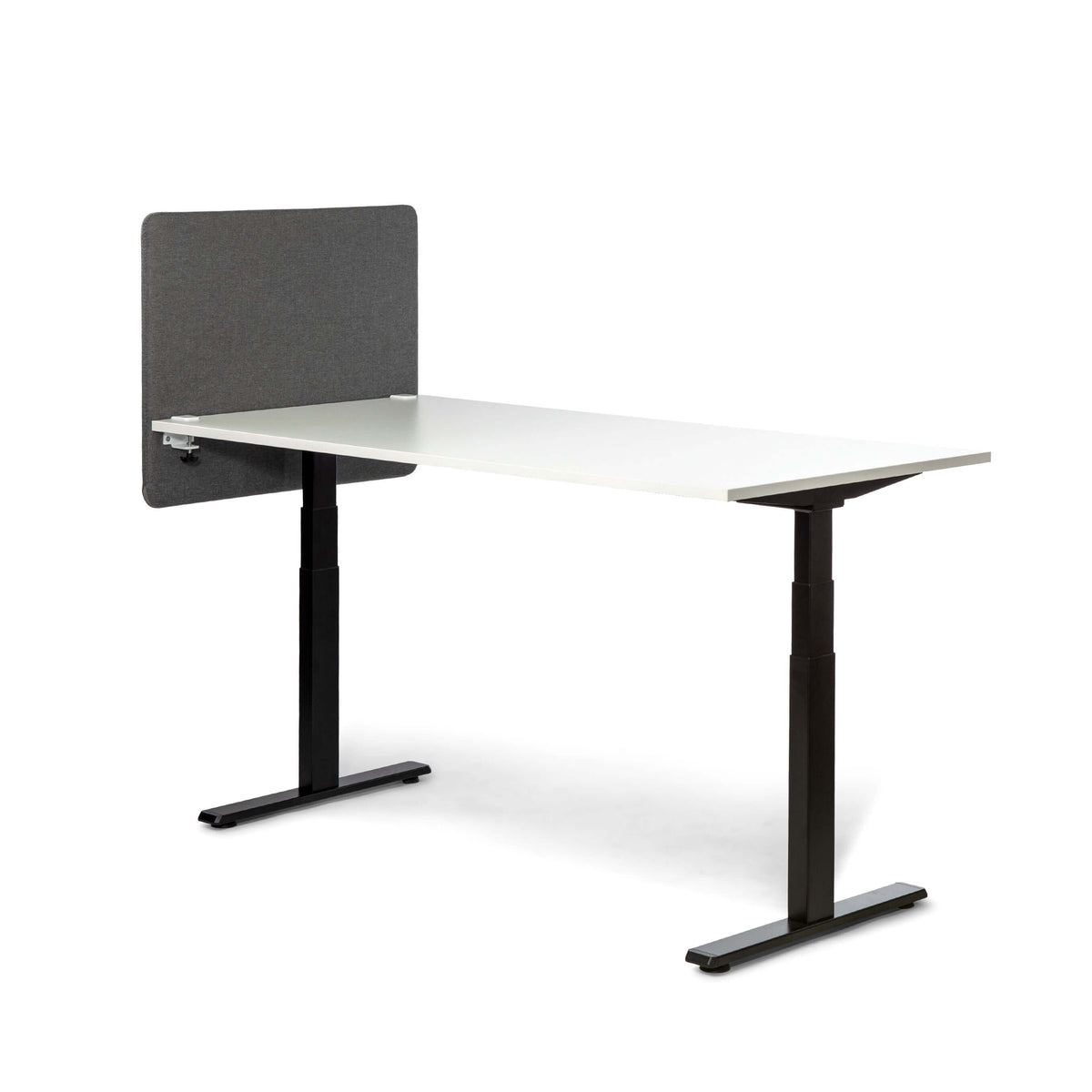 White desk fitted with a grey MUTE acoustic desk screen, 800 by 800 mm