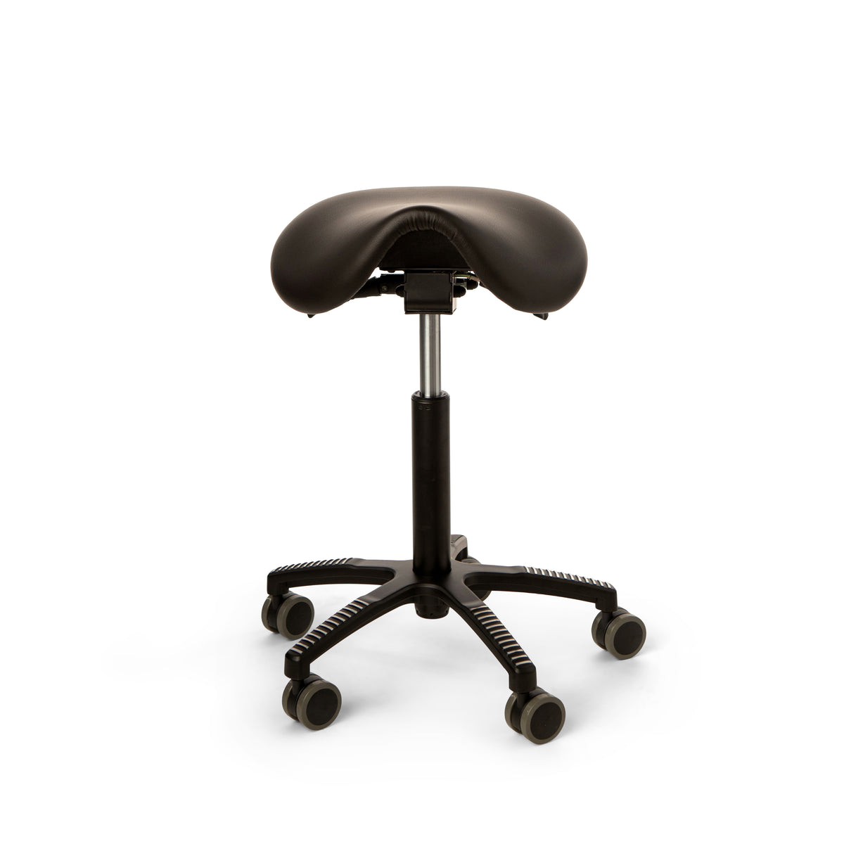 ErgoSaddle chair with black artificial leather saddle seat on a five-star castor base