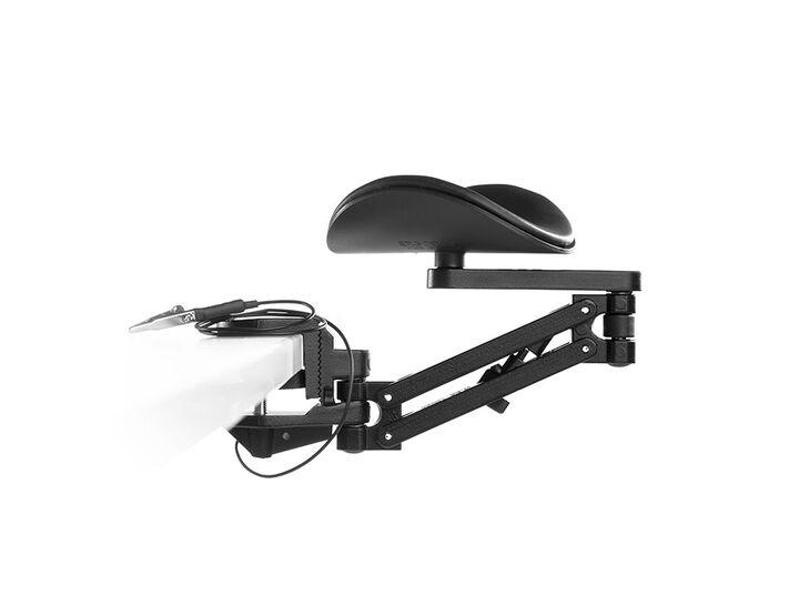Ergorest 338 ESD black forearm support on an articulated desk-mounted arm