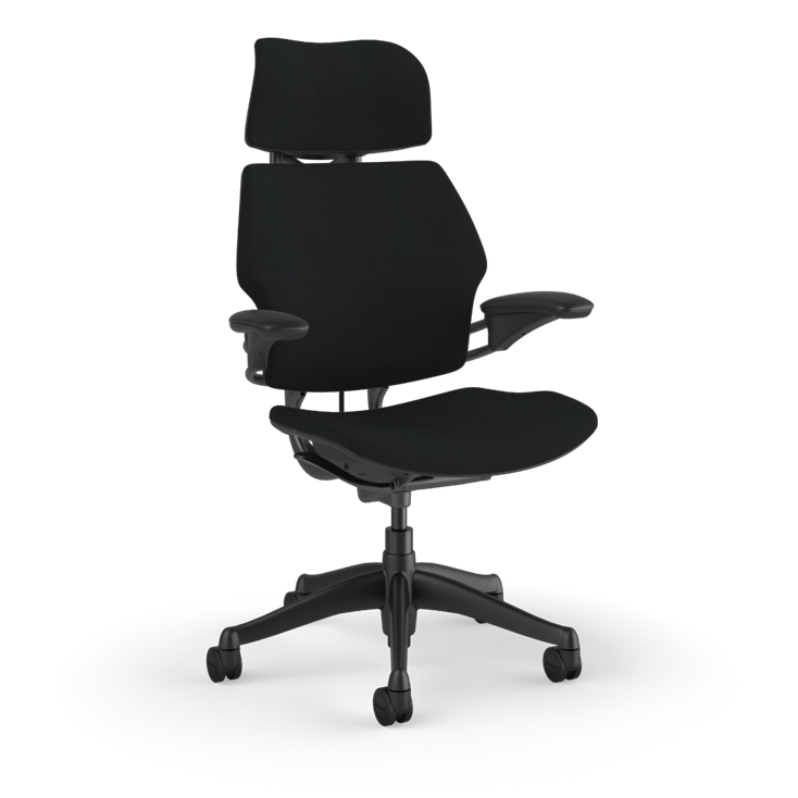 Humanscale Freedom task chair with headrest in black Kvadrat fabric, viewed at an angle