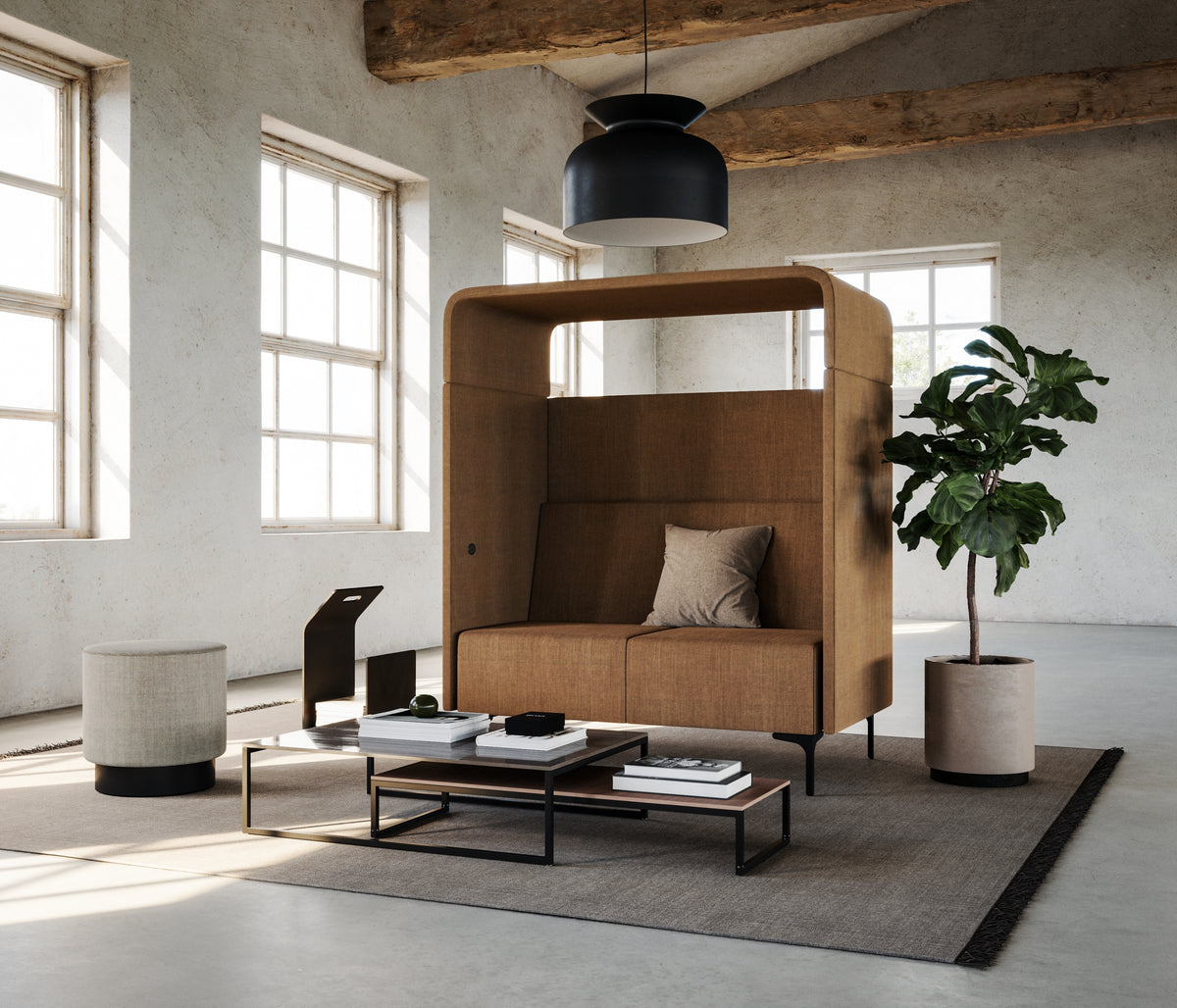 Focus sofa with roof, two-seater, in a loft lounge with a plant