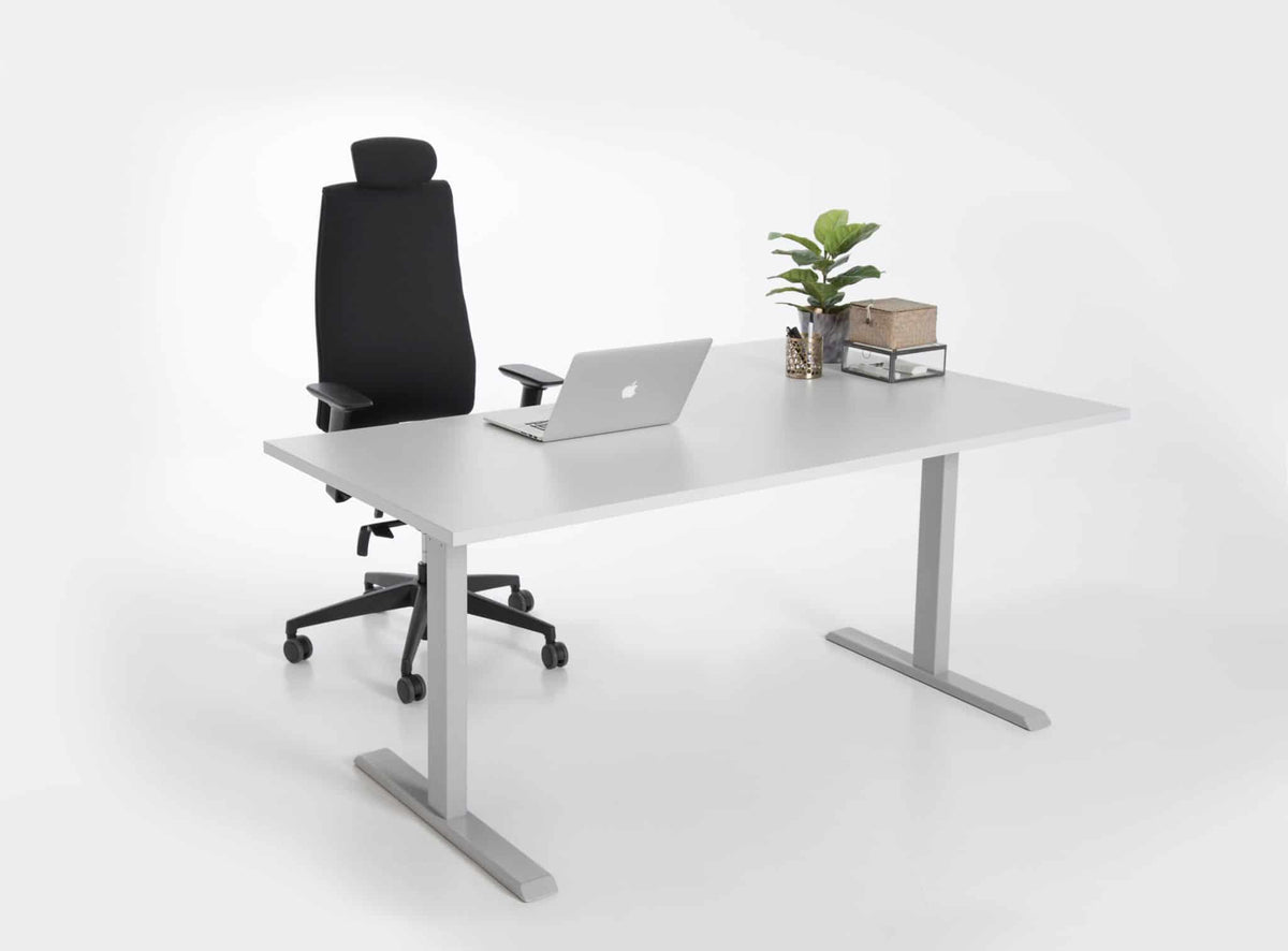 Goal office chair at a white height-adjustable desk with a monitor