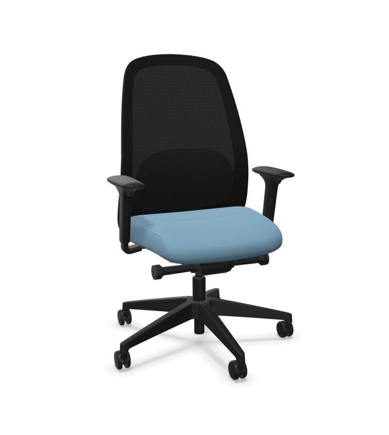 HEJis3 HJ216 office chair with black mesh backrest and light blue seat