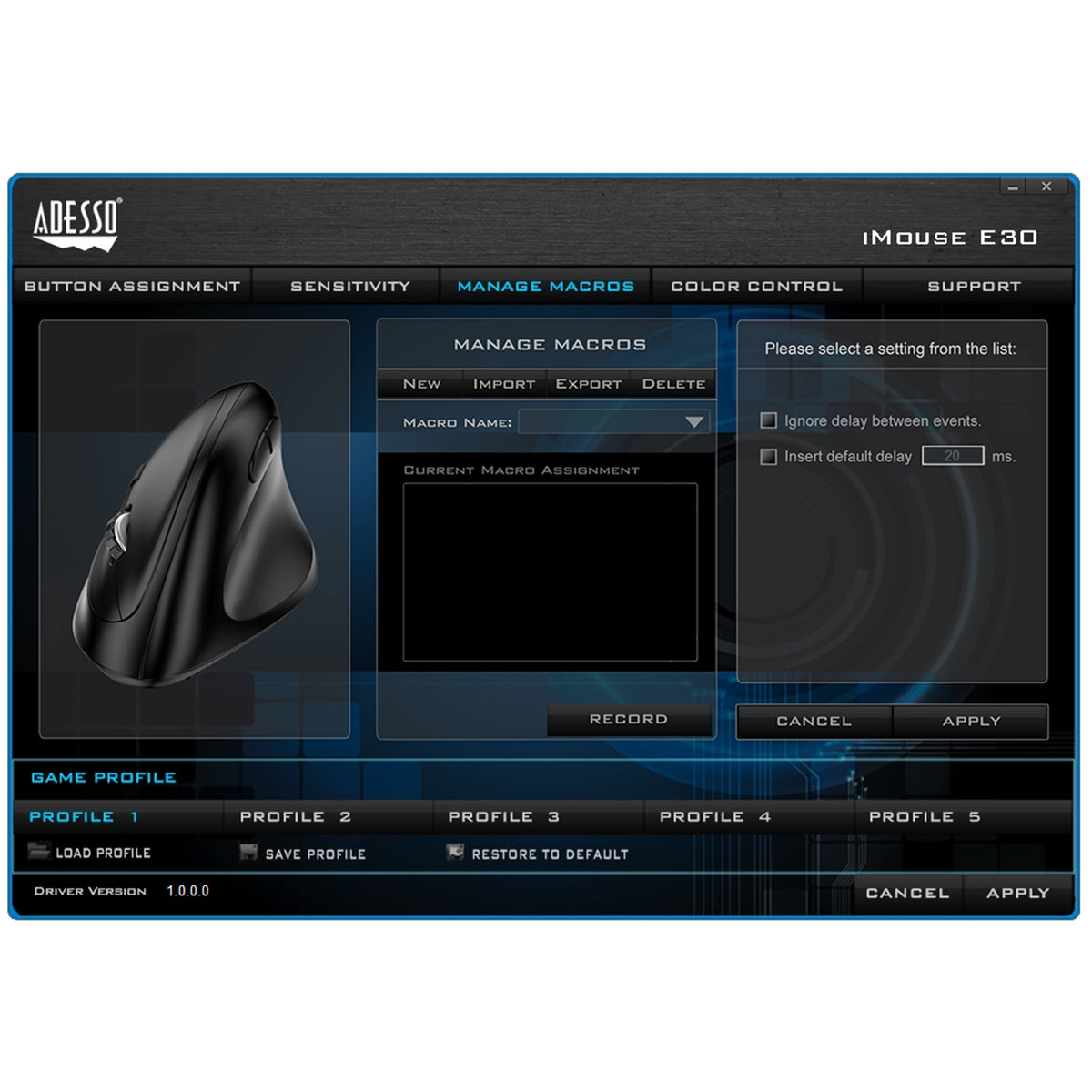 Screenshot of the iMouse E30 software showing the mouse settings panel