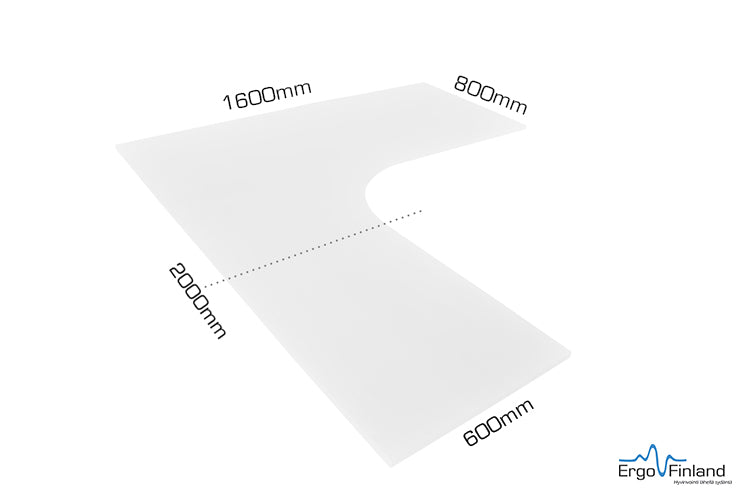 Dimension drawing of the 1600 by 2000 mm corner desk top in white