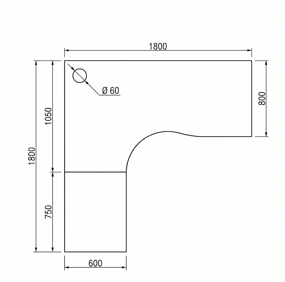 Dimension drawing of the 1800 x 1800 mm L-shaped desktop showing 800 and 600 mm depths
